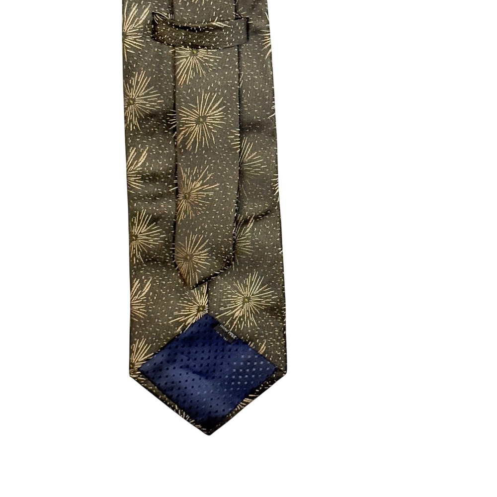 Vintage Starburst Firework Silk Tie Mens Dark Olive Green Gold Hand Made 57" - Picture 2 of 10